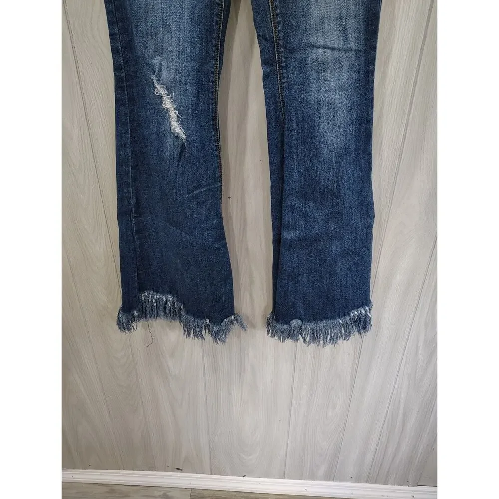 Women's Tricot Distressed Flare Fringes Denim Jeans Size M Boho Retro